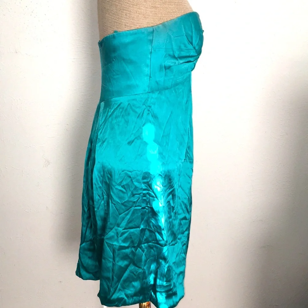 VTG Y2k NICOLE MILLER PETITES 100%SILK RUCHED DRAPED TEAL MIDI DRESS SZ 8P - Picture 8 of 9